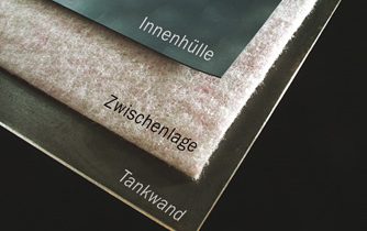 Materialproben mit Beschriftungen: Innenhülle, Zwischenschicht, Tankwand.